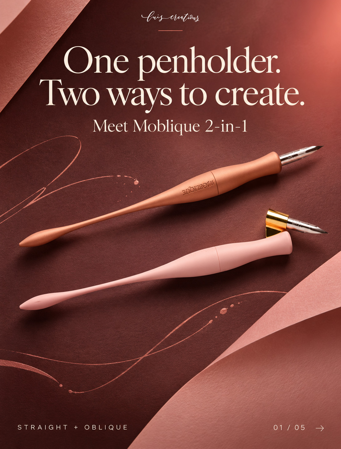 Mocha Crème Straight And English Rose V2 Oblique Moblique Penholders On A Cocoa And Rose Textured Background. Text: One Penholder. Two Ways To Create.
