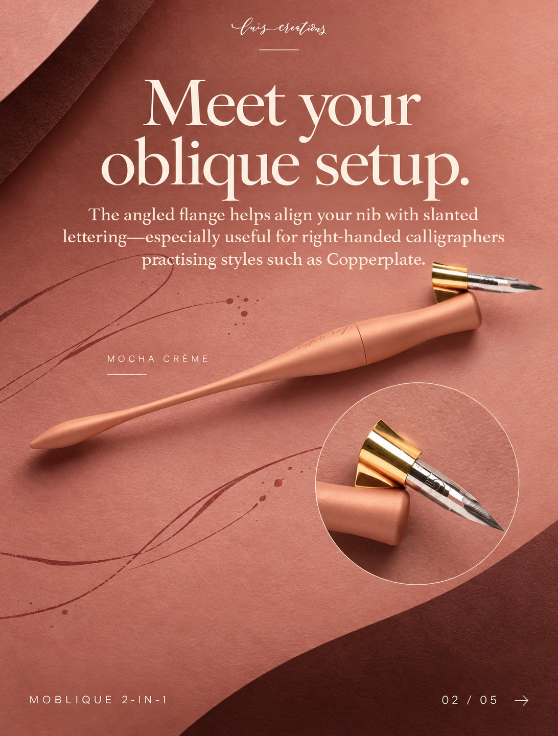 Mocha Crème Moblique In Its Oblique Configuration, With A Close-up Showing The Brass Side Flange Holding A Silver Nib.