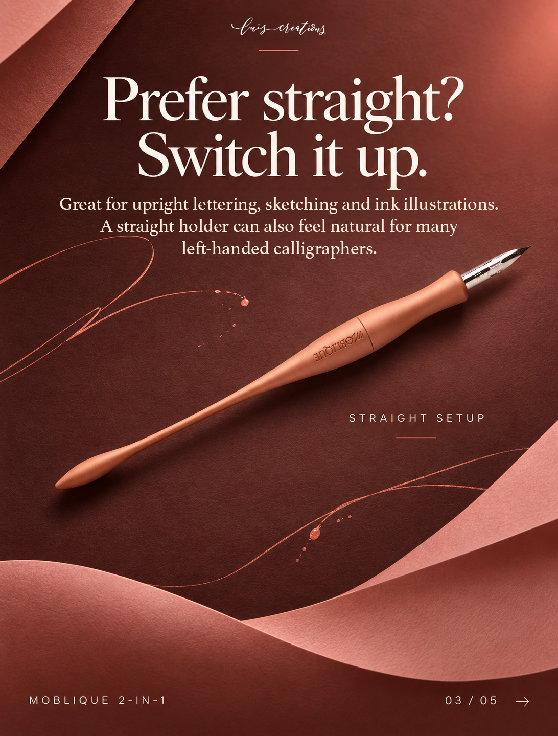 Mocha Crème Moblique In Its Straight Configuration, With The Nib Fitted Directly In Line With The Holder.
