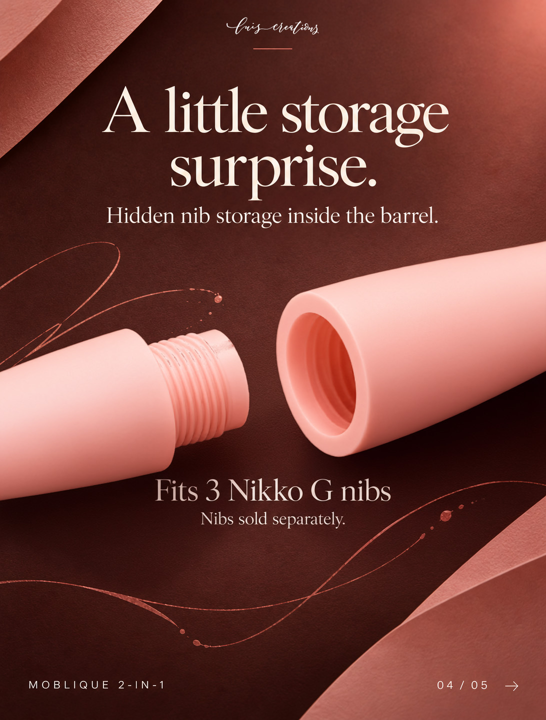 Original English Rose Moblique Unscrewed Into Two Pieces To Show The Hollow Barrel Used For Nib Storage. Text: Fits 3 Nikko G Nibs. Nibs Sold Separately.