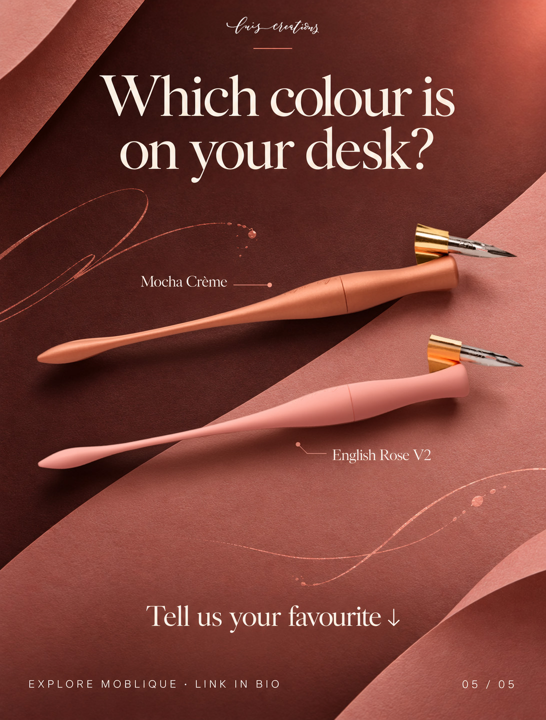 Mocha Crème And English Rose V2 Moblique Penholders Together, Inviting Viewers To Share Their Favourite Colour.